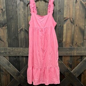 Heyson Pink Ruffle Midi Dress 1X Boho Tie Back Button Straps Plus Size